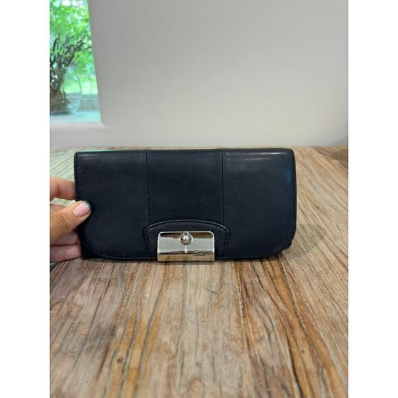 Coach Kristin Trifold Leather Flap Wallet Silver Closure Minimalist Classic - Picture 1 of 7
